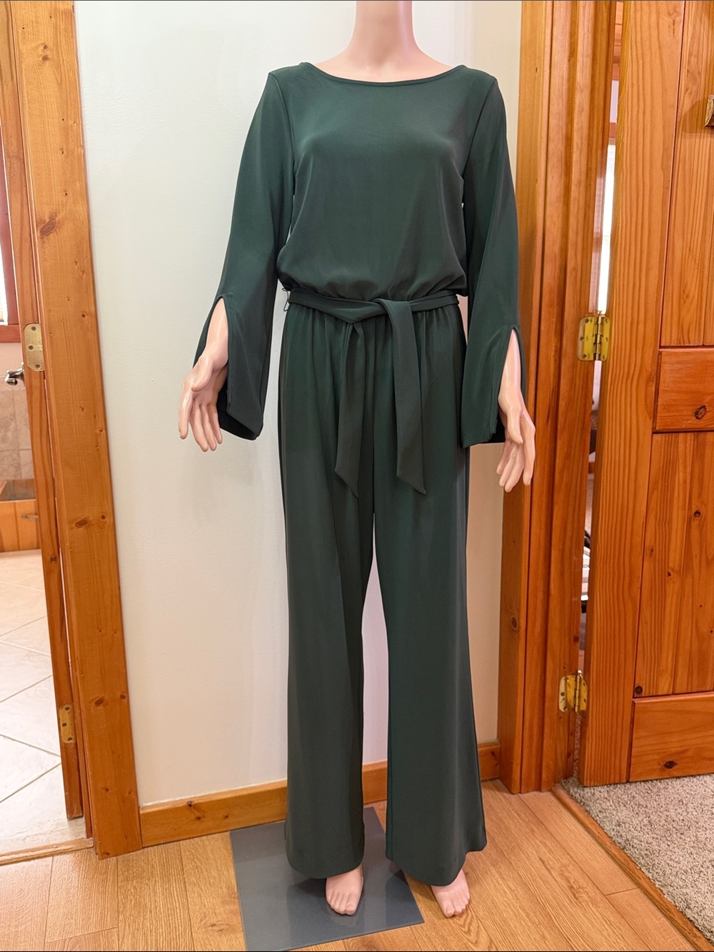 Boston Proper Elegant Forest Green Long Sleeve Jumpsuit with Waist Tie NWOT